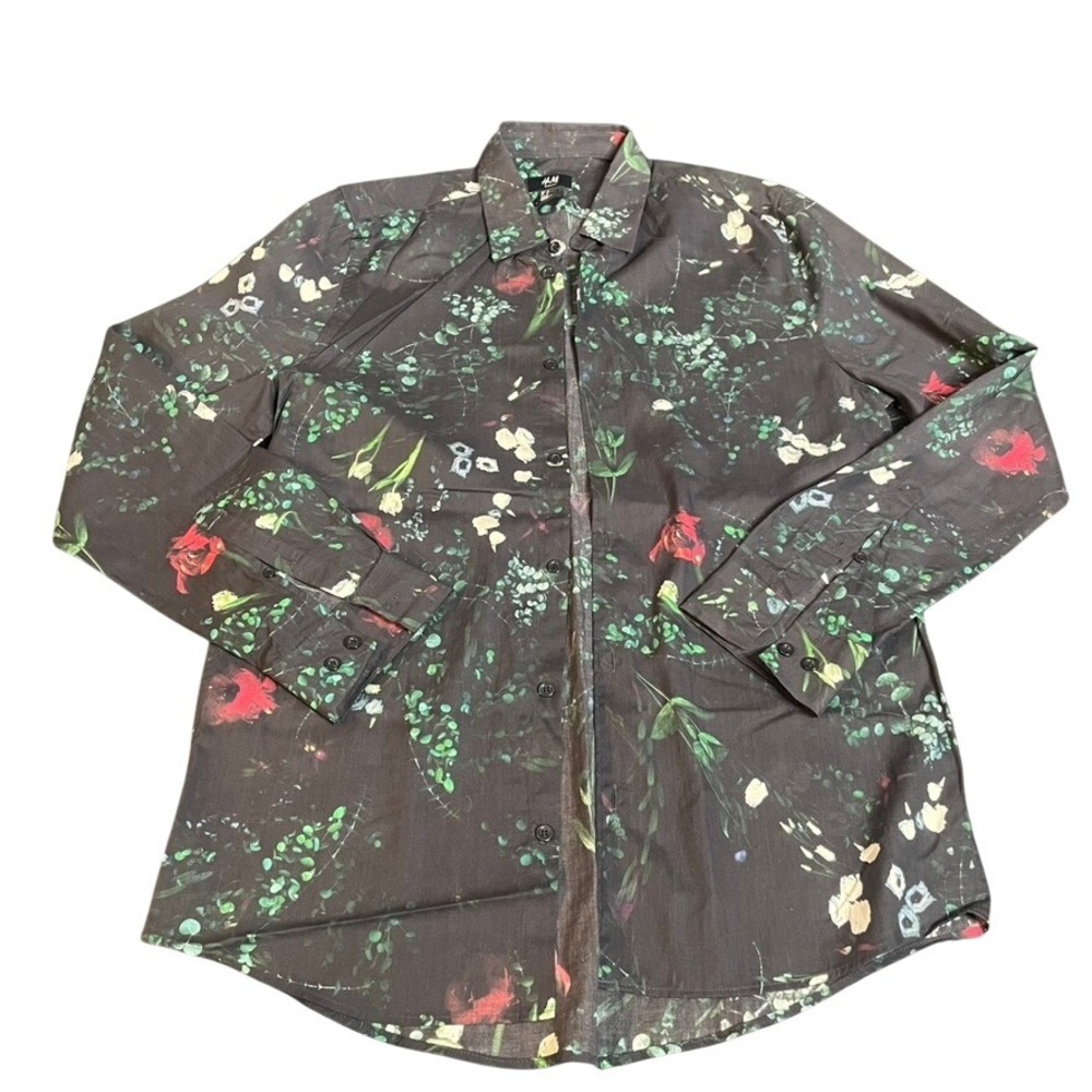 HM Mens Slim Fit‎ Dark Floral Button Down Shirt Black Green Red Lyocell Blend M